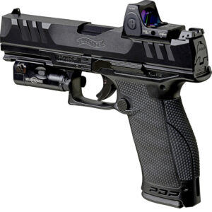 Pištoľ Walther PDP Full Size 4.5" s polygonálnou hlavňou, nastaviteľnými mieridlami, pripravená na optiku a ko-witness, s bezpečnostnými prvkami a univerzálnym výrezom pre mieridlá, dostupná na lov-arms.sk.