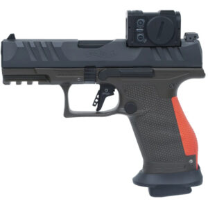 Pištoľ Walther PDP Hunter Pro Compact 4" s priamo montovaným Acro červeným bodom, oceľovými mieridlami a Dynamic Performance spúšťou, umiestnená na bielom pozadí, dostupná na lov-arms.sk.