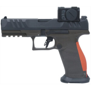 Pištoľ Walther PDP Hunter Pro Full Size 4.5" s Aimpoint Acro červeným bodom, oceľovými mieridlami a poľovníckou zeleno-oranžovou farbou, dostupná na lov-arms.sk.