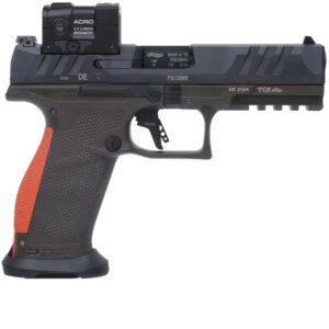 Pištoľ Walther PDP Hunter Pro Full Size 4.5" s Aimpoint Acro červeným bodom, oceľovými mieridlami a poľovníckou zeleno-oranžovou farbou, dostupná na lov-arms.sk.