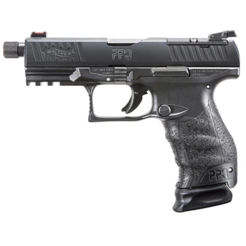 walther-ppq-q4-sd-lov-arms-sk-2832437 Pištoľ Walther PPQ Q4 SD s čiernym polymérovým rámom, svetlovodnou mušou, nastaviteľným oceľovým cieľnikom a závitom na tlmič, dostupná na lov-arms.sk.
