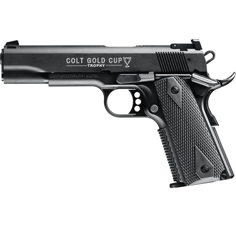 walther-colt-1911-goldcup-lov-arms-sk-2853396 Pištoľ Walther Colt 1911 Gold Cup – poloautomatická pištoľ kalibru .22 l.r. s pogumovanou rukoväťou a nastaviteľným oceľovým hľadím, dostupná na lov-arms.sk.